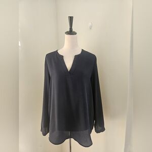 Adrianna Papell Navy Blue Long Sleeve Blouse Size Large V-Neck Work Office Top